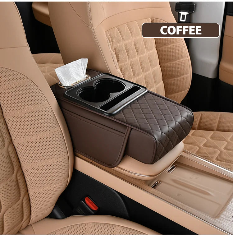 Car Interior Accessories Leather Armrest Storage Box Cover Tissue Storage Capacity Water Cup Assembled Center Console Pad