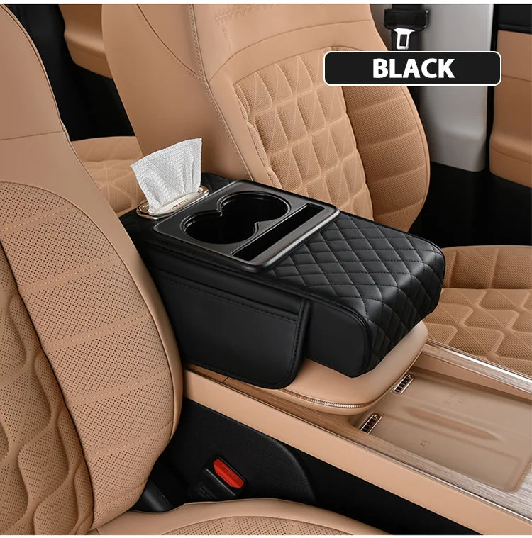 Car Interior Accessories Leather Armrest Storage Box Cover Tissue Storage Capacity Water Cup Holder Assembled Center Console Pad