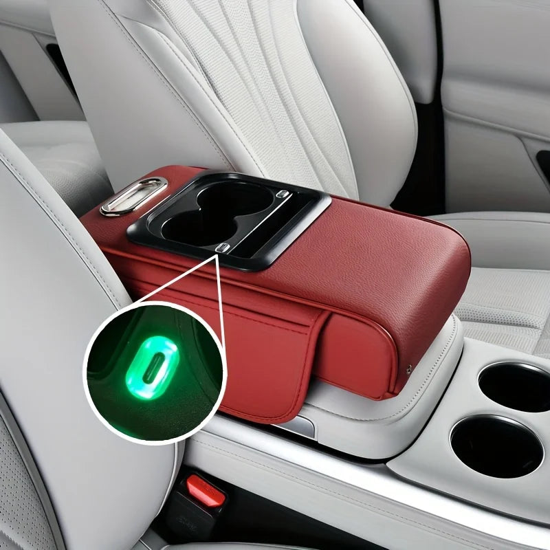 2025 New Arrival Muti-color Custom Leather Car Armrest Cushion Cover with Type-c Interface Charging Function