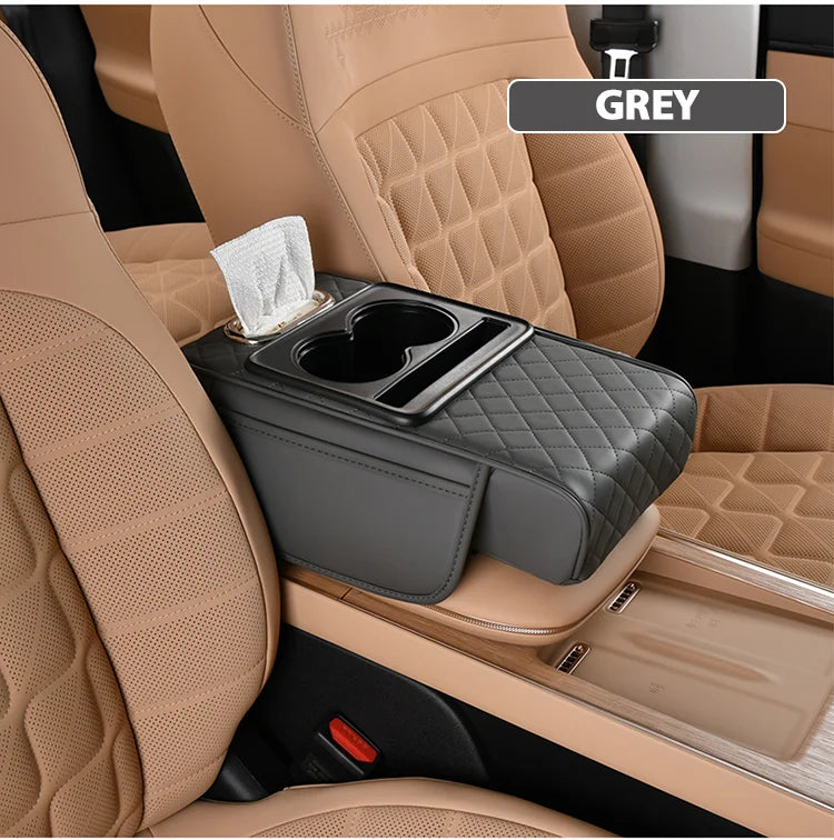 Most Popular 2025 8cm Thickened Car Storage Box with Double Cup Holder Leather Pad Car Armrest Tissue Box