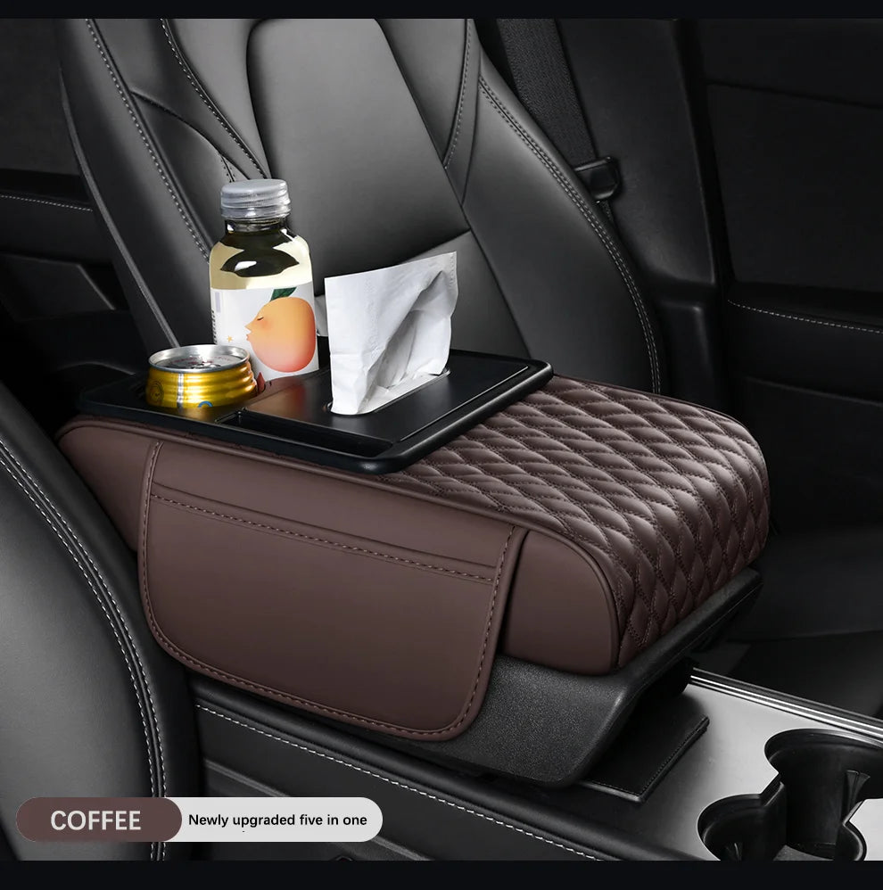 Car Accessories Universal Multifunctional Luxury Leather Armrest Pad Box Car Tissue Tea Cup Holder